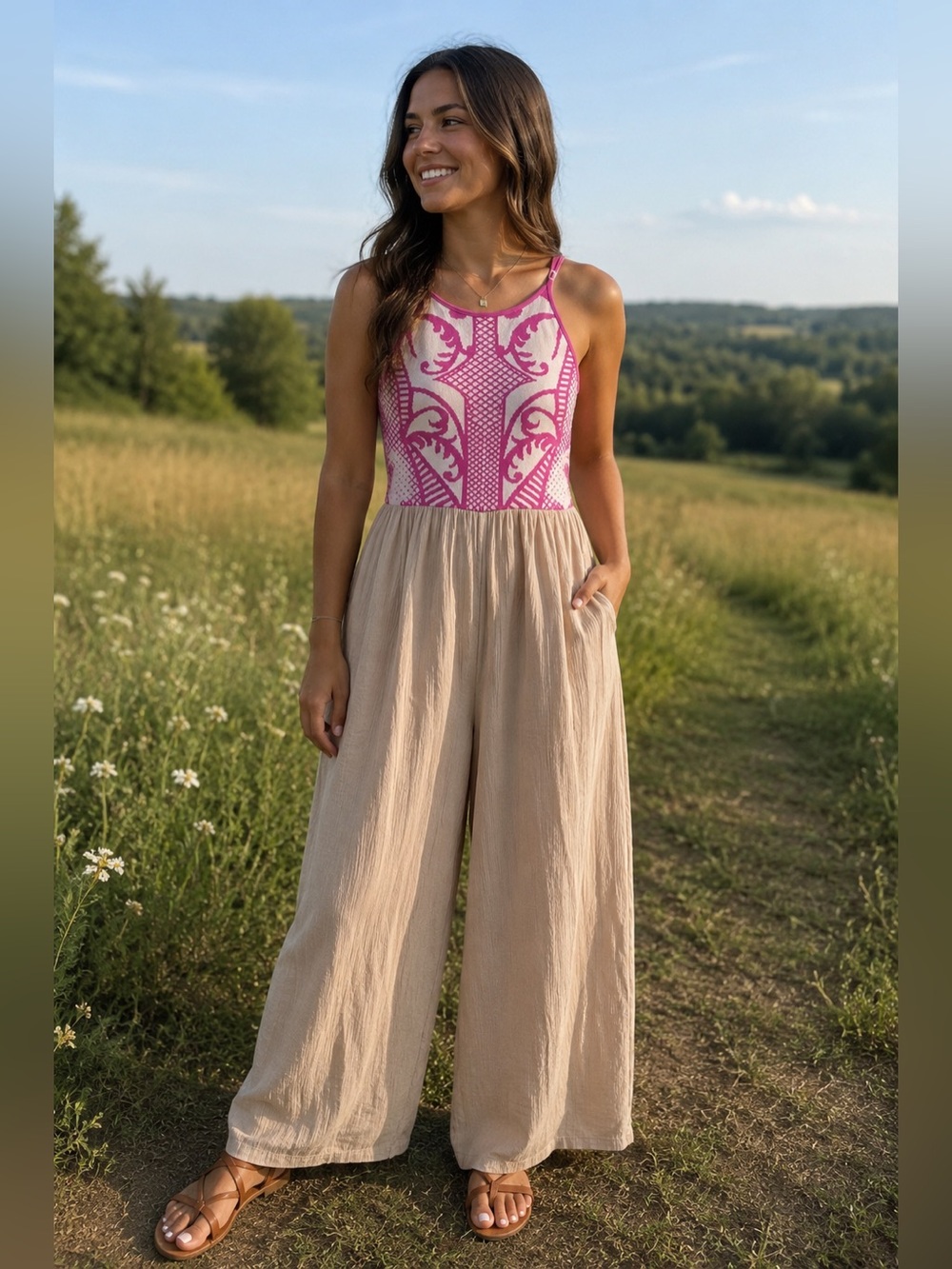 Jealous Tomato Pink and Tan Patterned Girls One-Piece Jumpsuit